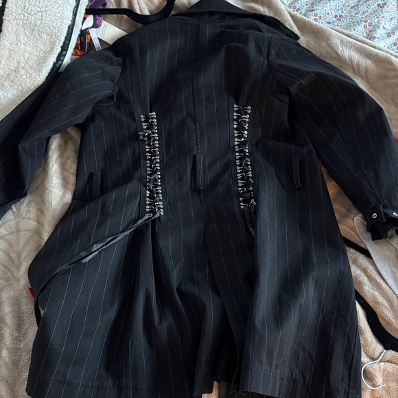 Tripp NYC hot topic y2k double corset Black Pinstripe buckle Trench Coat 0X XL - Picture 2 of 3